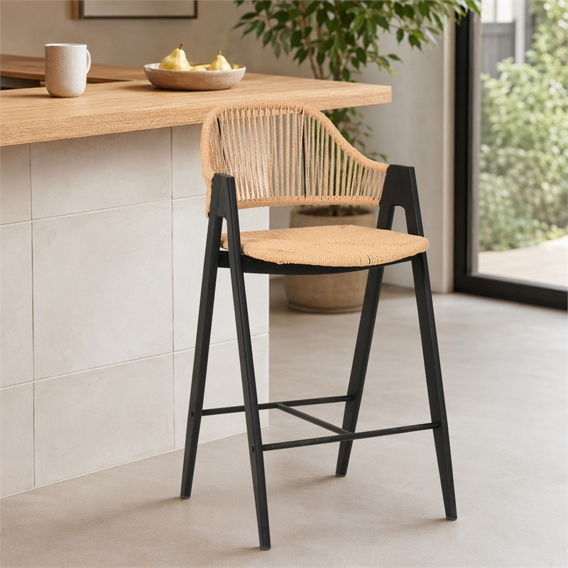 Pemberly Row Modern Rattan Counter Stool Set of 2 in Black Finish