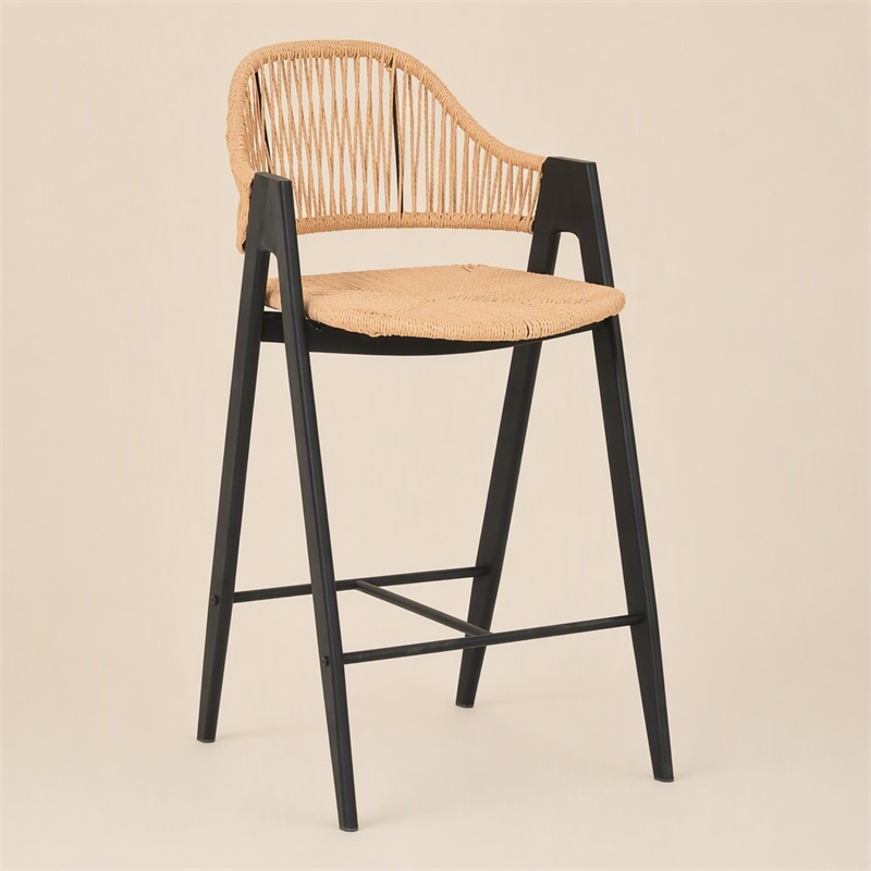 Pemberly Row Modern Rattan Counter Stool Set of 2 in Black Finish