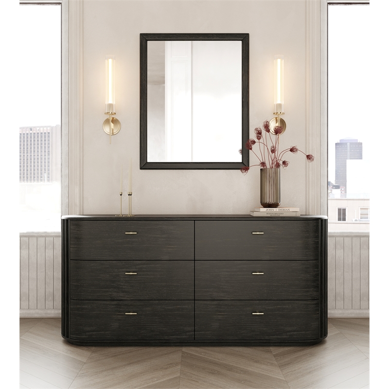 Pemberly Row Modern Black Acacia Dresser with Gold Metal Handles