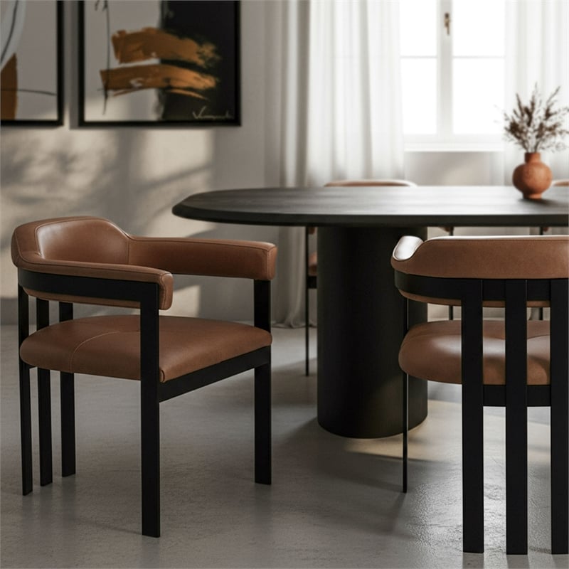 Pemberly Row Modern Camel Leather Dining Chair with Black Iron Frame