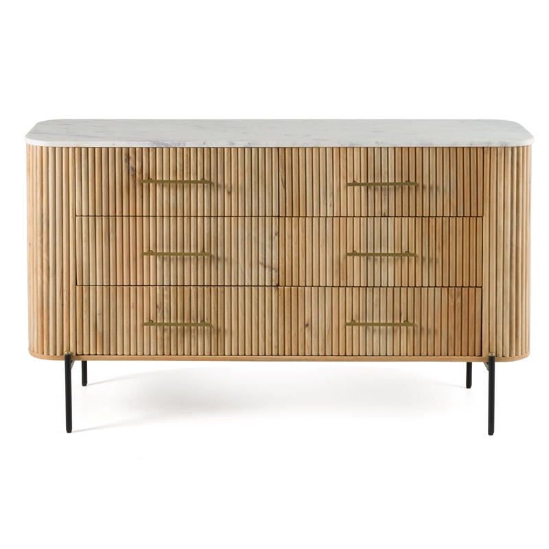 Pemberly Row Mango Wood Dresser with White Marble Top and 6 Drawers