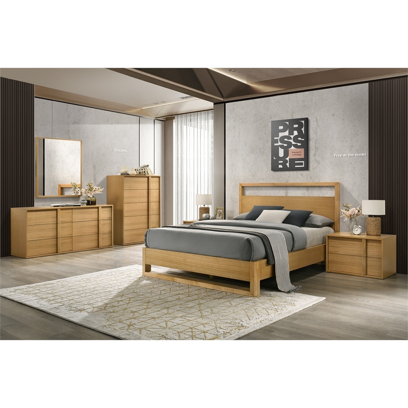 Pemberly Row Modern Natural Oak Rectangular Mirror with Rubberwood Frame