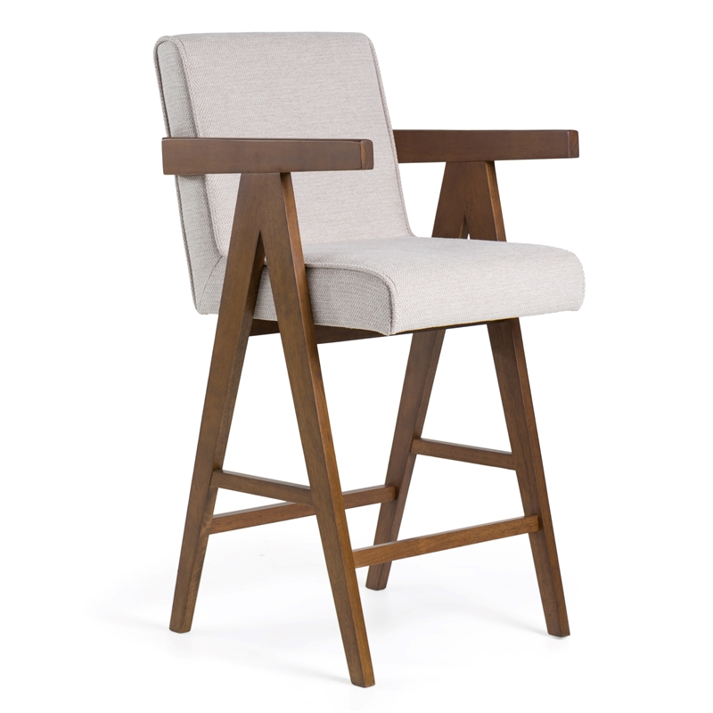 Pemberly Row Modern Counter Chair Set in Beige Fabric & Walnut (Set of 2)