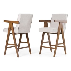 Pemberly Row Modern Counter Chair Set in Beige Fabric & Walnut (Set of 2)