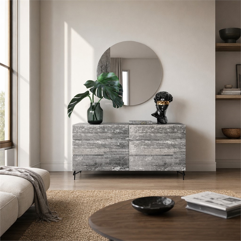 Pemberly Row Modern Round Mirror in Tiger Wood Gray Finish