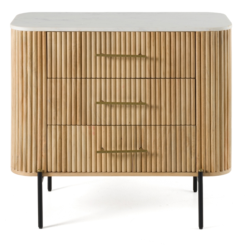 Pemberly Row 3 Drawer Dresser with White Marble Top and Mango Wood Body