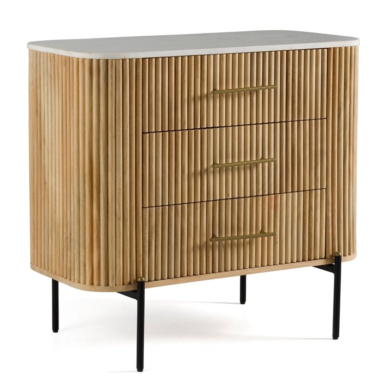 Pemberly Row 3 Drawer Dresser with White Marble Top and Mango Wood Body