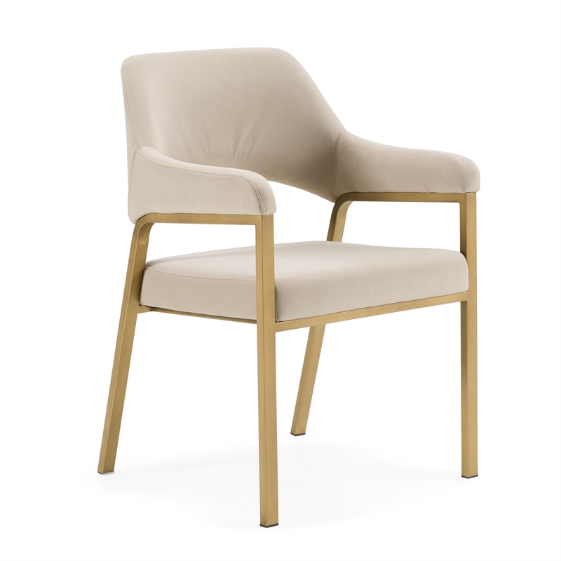 Pemberly Row Modern Dining Armchair in Beige Fabric with Antique Brass Frame