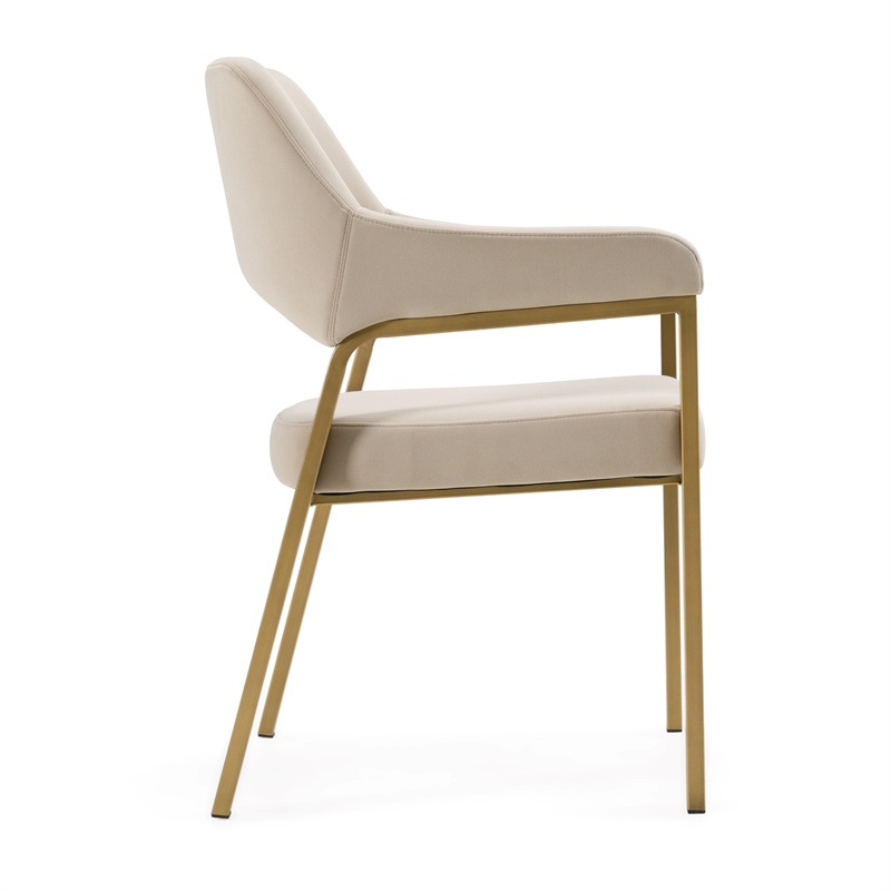 Pemberly Row Modern Dining Armchair in Beige Fabric with Antique Brass Frame