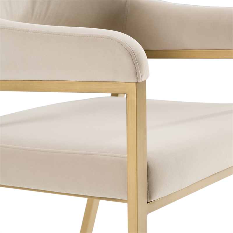 Pemberly Row Modern Dining Armchair in Beige Fabric with Antique Brass Frame
