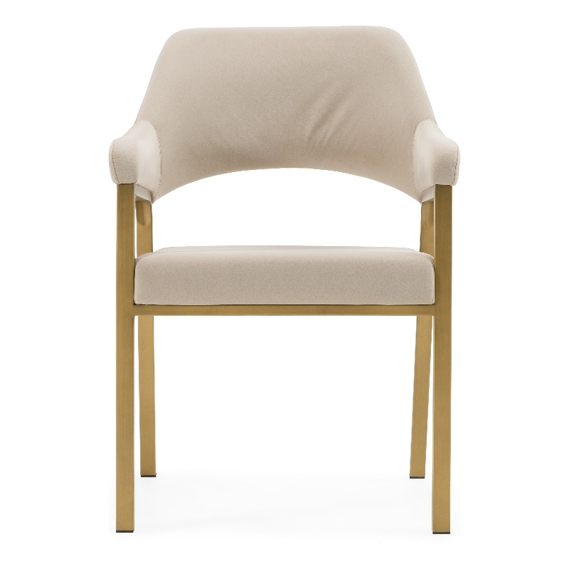 Pemberly Row Modern Dining Armchair in Beige Fabric with Antique Brass Frame