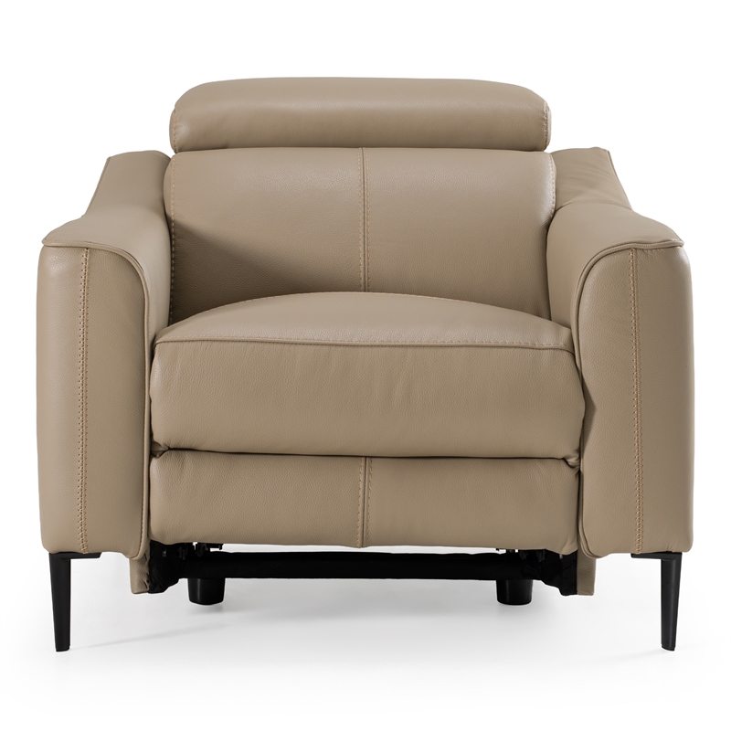 Pemberly Row Power Recliner Chair in Genuine Taupe Leather and Walnut Frame
