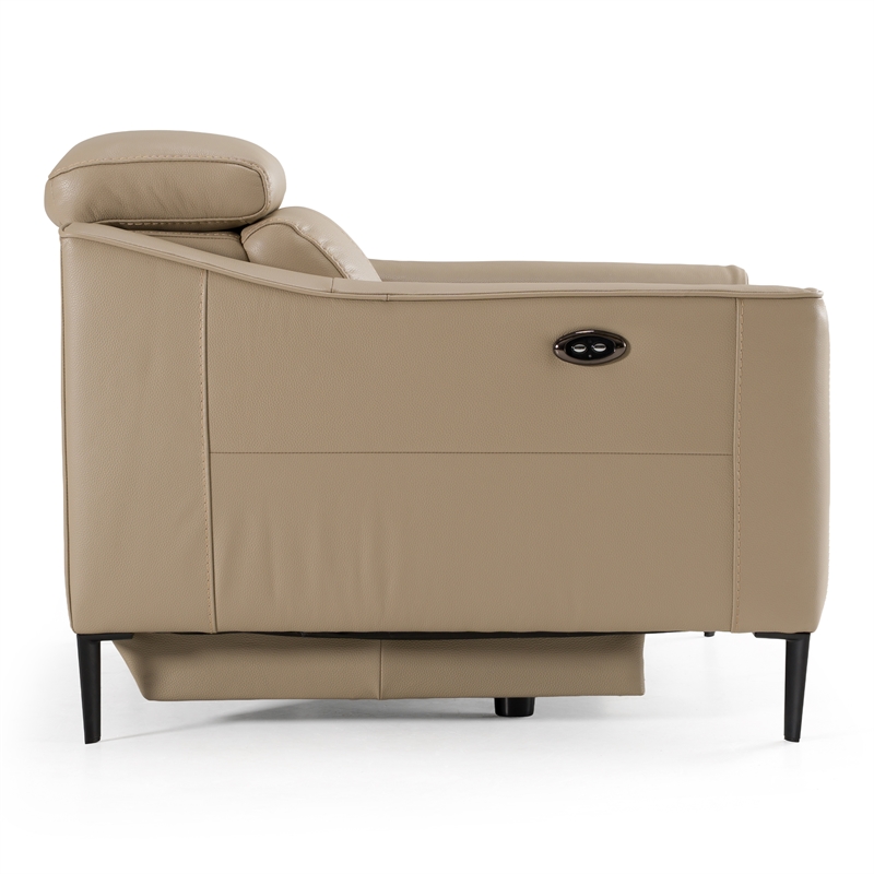Pemberly Row Power Recliner Chair in Genuine Taupe Leather and Walnut Frame