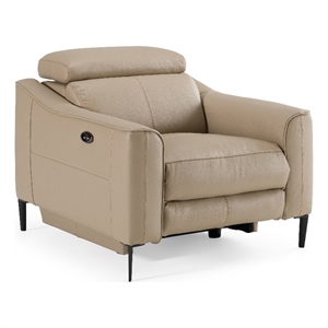 Pemberly Row Power Recliner Chair in Genuine Taupe Leather and Walnut Frame
