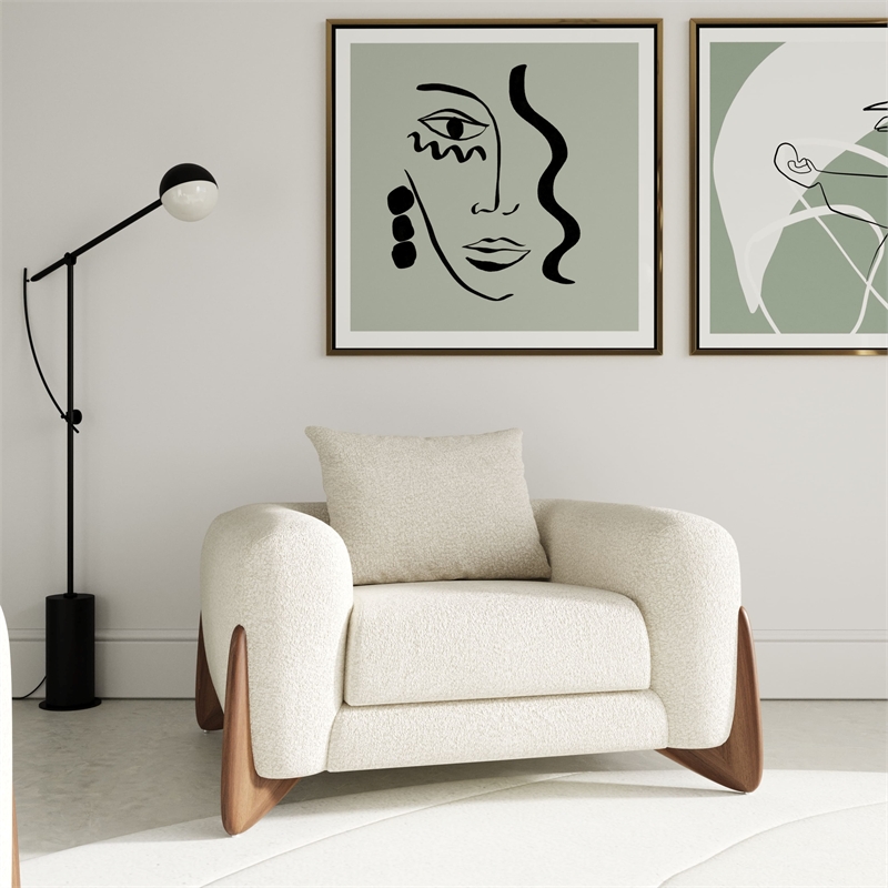 Pemberly Row Contemporary Cream Lounge Chair with Walnut Wood Legs