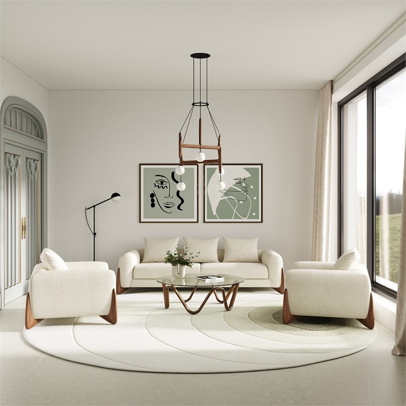 Pemberly Row Contemporary Cream Lounge Chair with Walnut Wood Legs