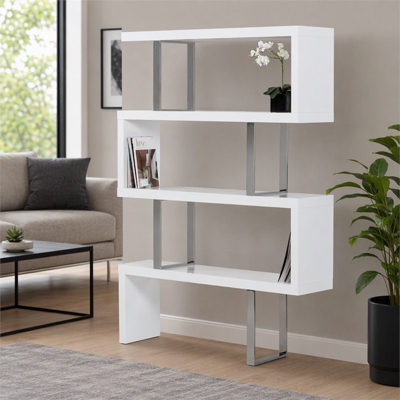 Pemberly Row White High Gloss Bookcase with MDF and Stainless Steel Frame