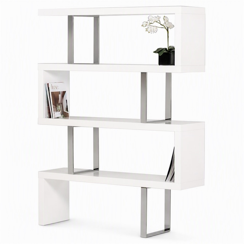 Pemberly Row White High Gloss Bookcase with MDF and Stainless Steel Frame