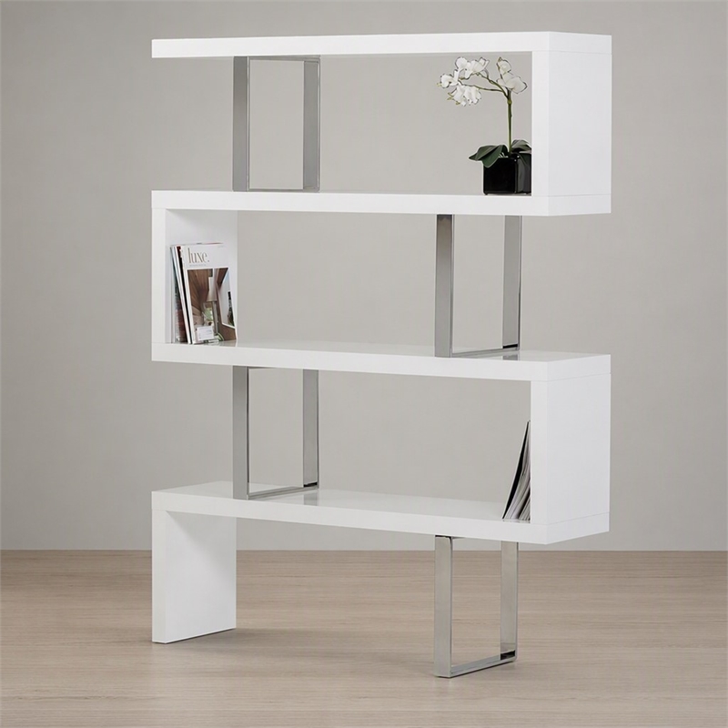 Pemberly Row White High Gloss Bookcase with MDF and Stainless Steel Frame