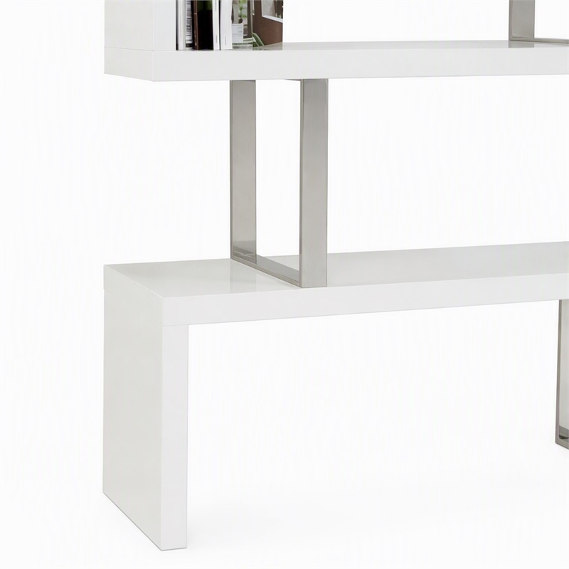 Pemberly Row White High Gloss Bookcase with MDF and Stainless Steel Frame