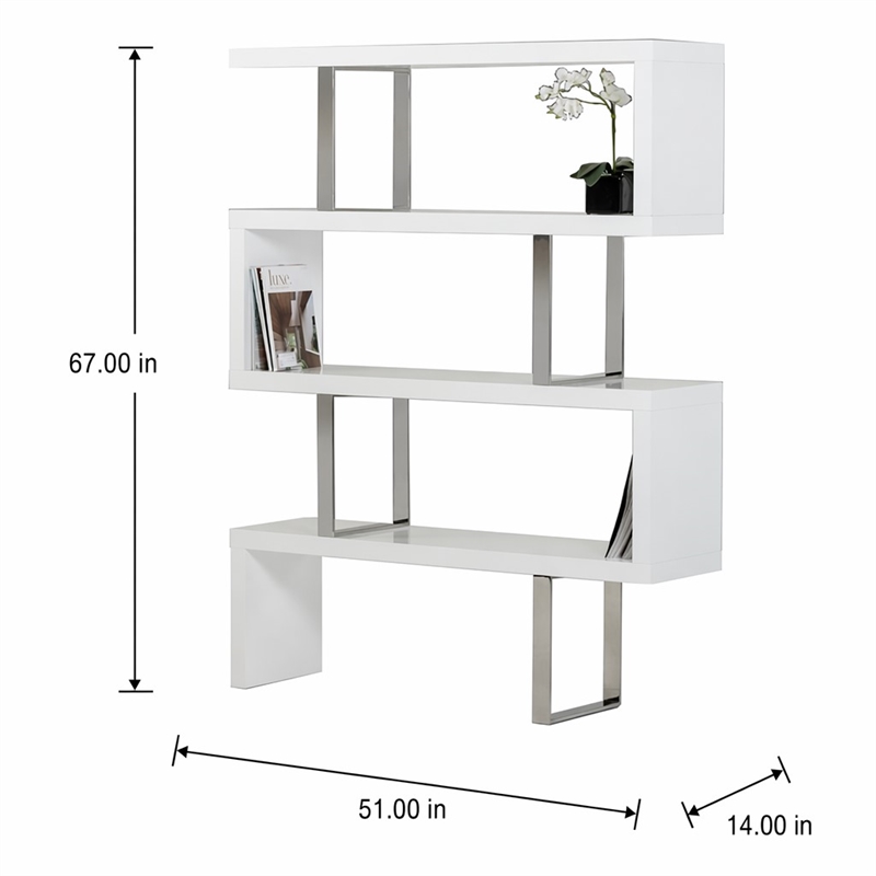 Pemberly Row White High Gloss Bookcase with MDF and Stainless Steel Frame
