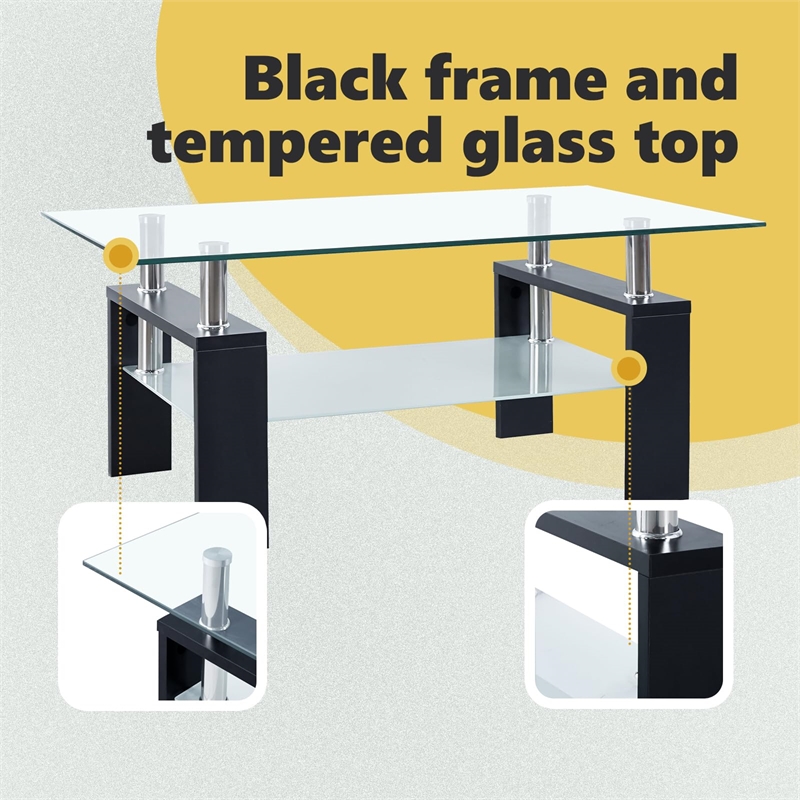 Pemberly Row Coffee Table with Glass Top and Black Base