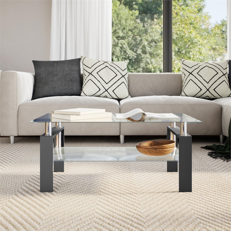 Pemberly Row Coffee Table with Glass Top and Black Base