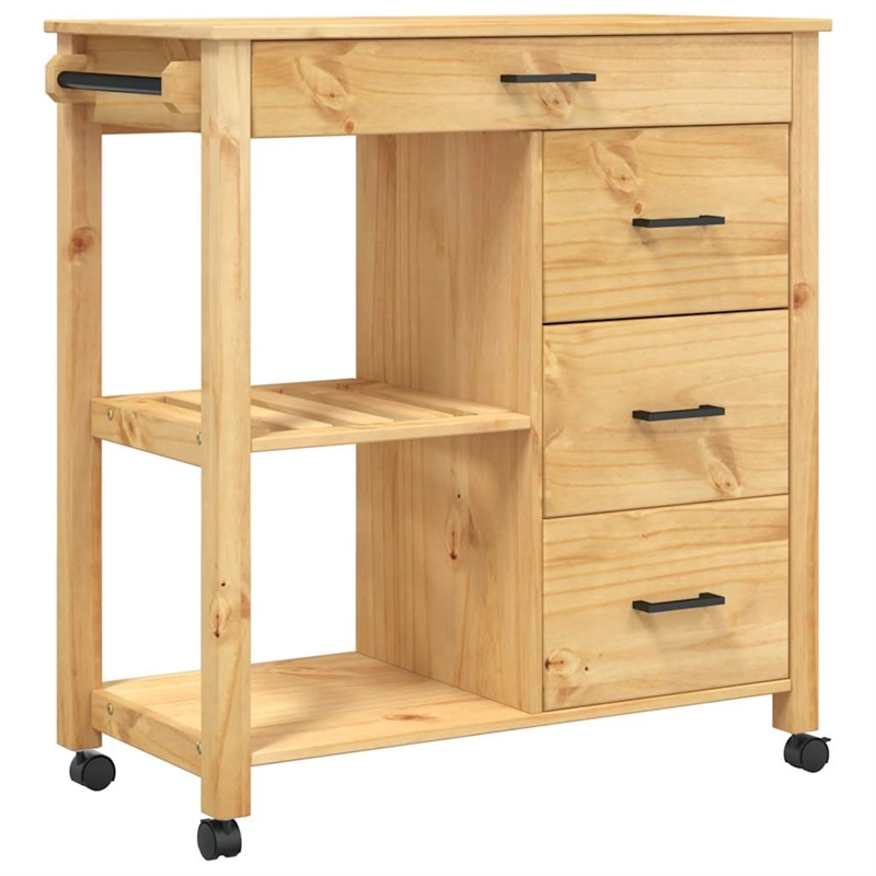 Pemberly Row Solid Pine Wood Kitchen Trolley in Brown with Storage Shelves