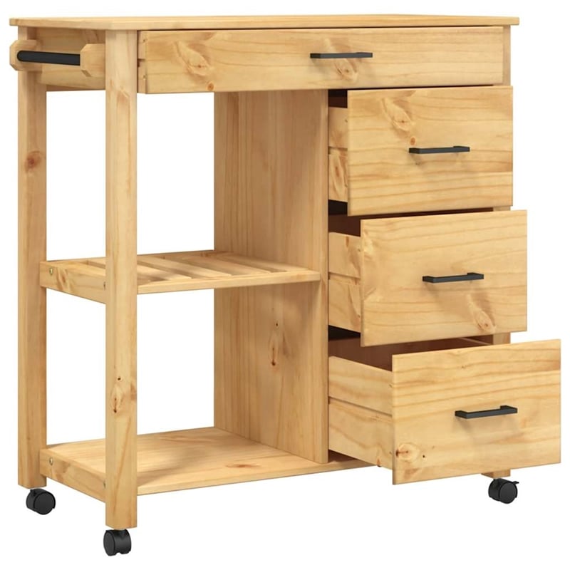 Pemberly Row Solid Pine Wood Kitchen Trolley in Brown with Storage Shelves