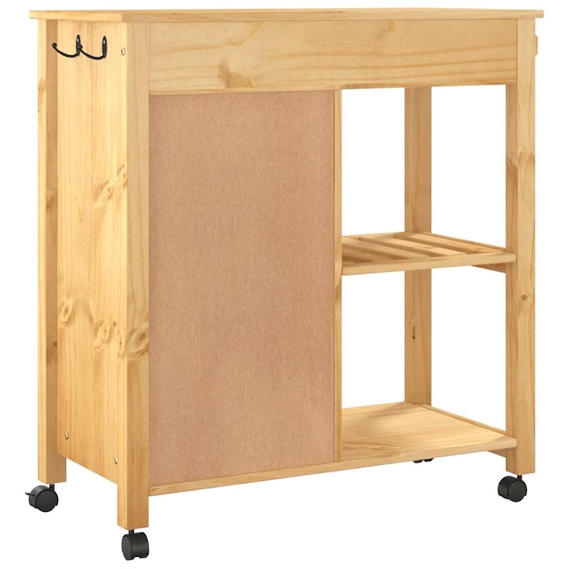 Pemberly Row Solid Pine Wood Kitchen Trolley in Brown with Storage Shelves