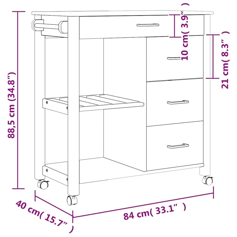 Pemberly Row Solid Pine Wood Kitchen Trolley in Brown with Storage Shelves