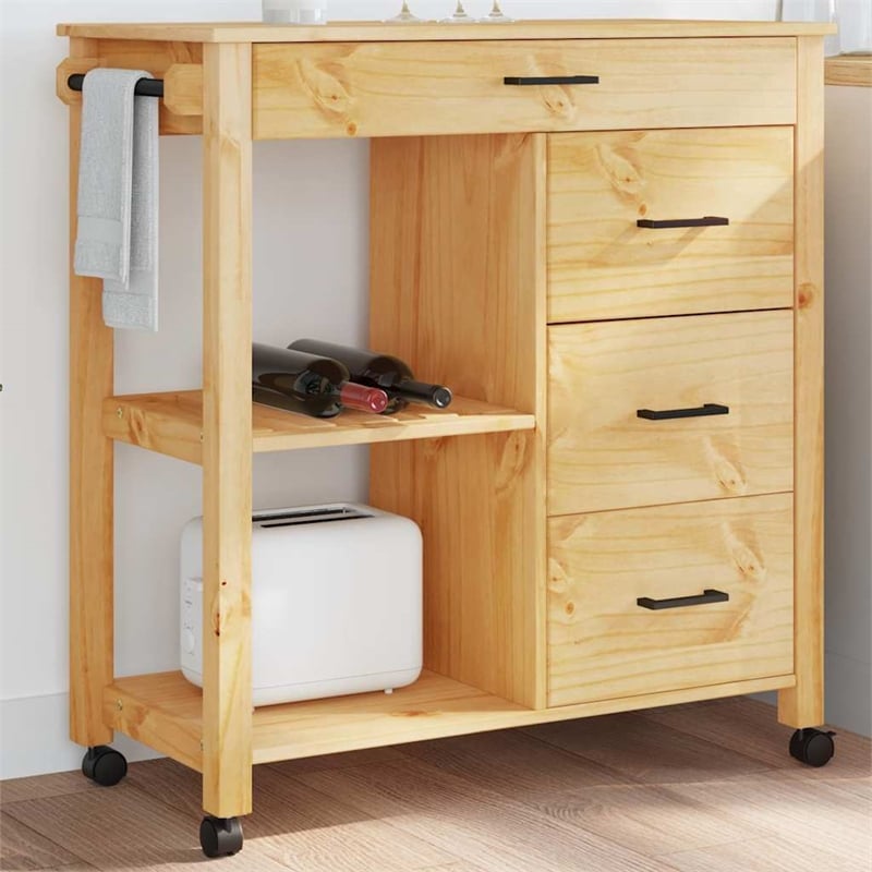 Pemberly Row Solid Pine Wood Kitchen Trolley in Brown with Storage Shelves