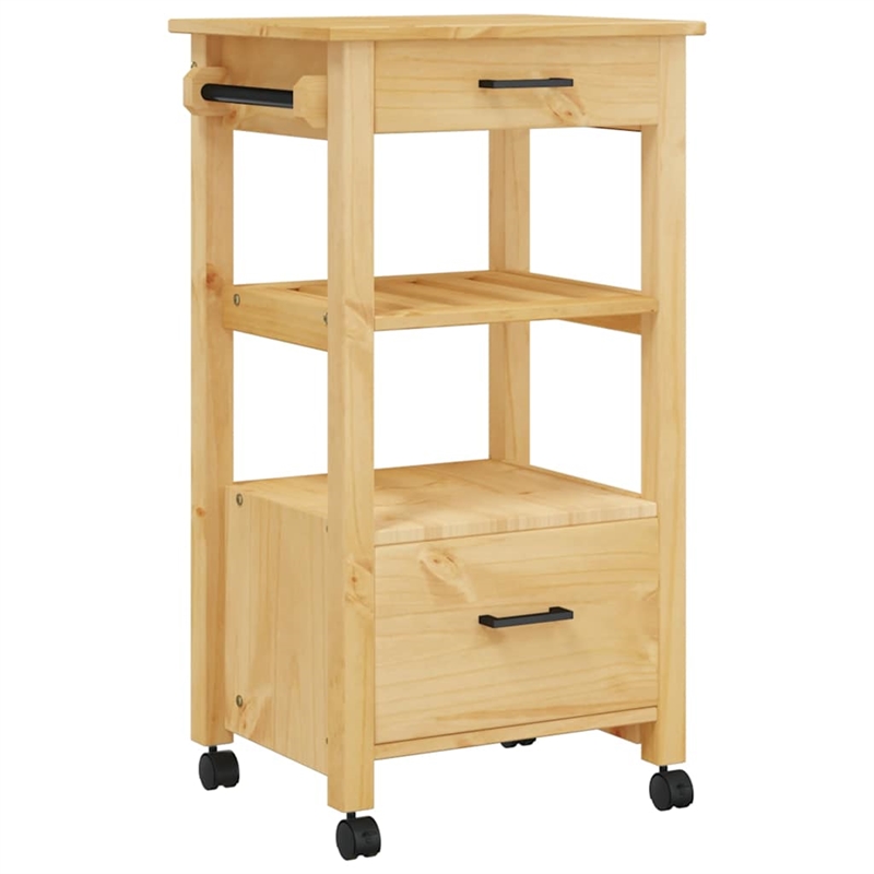 Pemberly Row Solid Pine Wood Rolling Kitchen Trolley with Storage in Brown