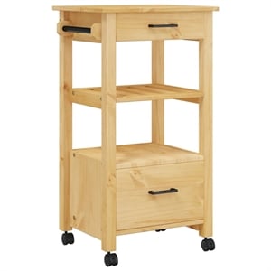Pemberly Row Solid Pine Wood Rolling Kitchen Trolley with Storage in Brown