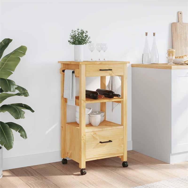 Pemberly Row Solid Pine Wood Rolling Kitchen Trolley with Storage in Brown