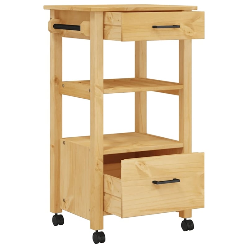 Pemberly Row Solid Pine Wood Rolling Kitchen Trolley with Storage in Brown