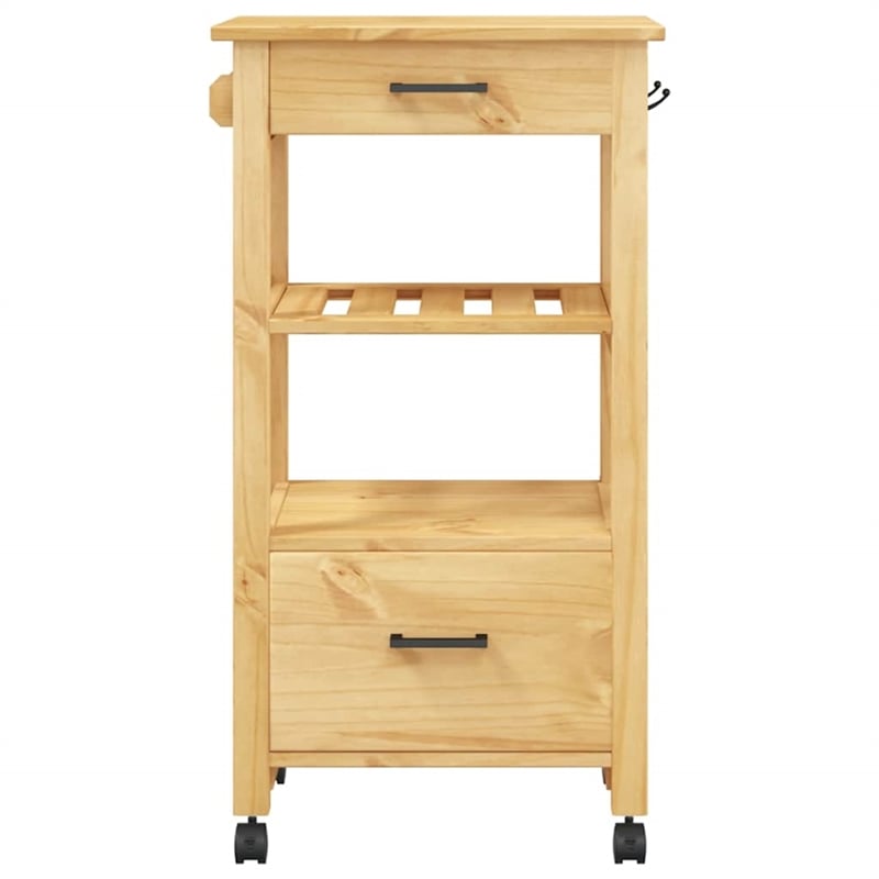 Pemberly Row Solid Pine Wood Rolling Kitchen Trolley with Storage in Brown