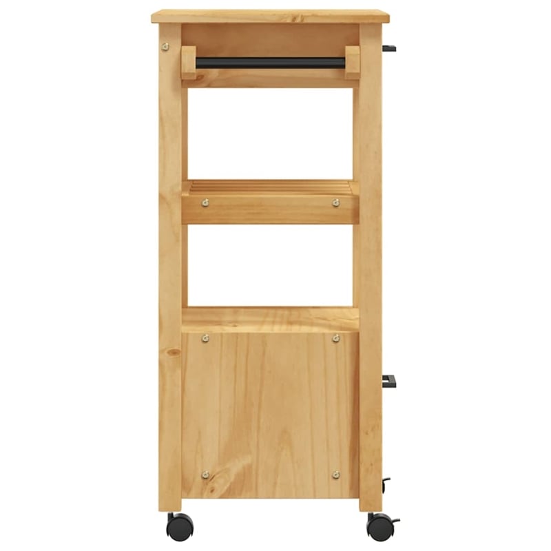 Pemberly Row Solid Pine Wood Rolling Kitchen Trolley with Storage in Brown