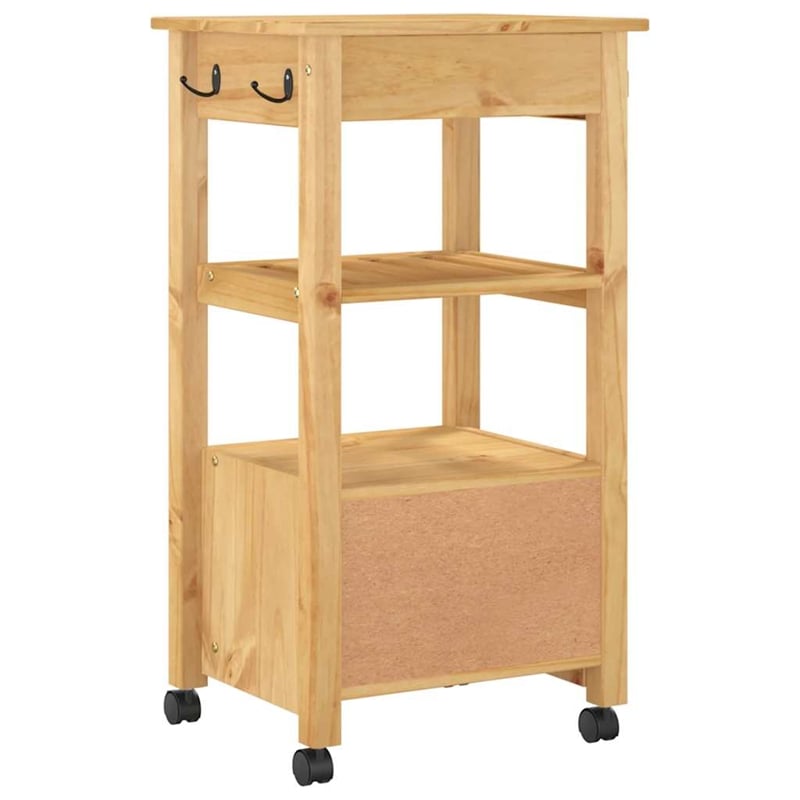 Pemberly Row Solid Pine Wood Rolling Kitchen Trolley with Storage in Brown