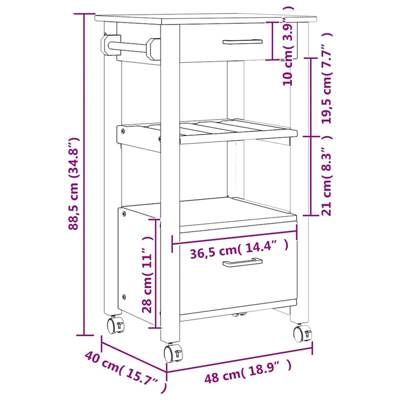 Pemberly Row Solid Pine Wood Rolling Kitchen Trolley with Storage in Brown