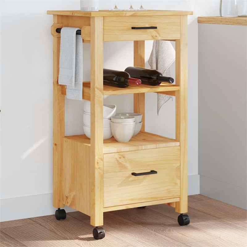 Pemberly Row Solid Pine Wood Rolling Kitchen Trolley with Storage in Brown