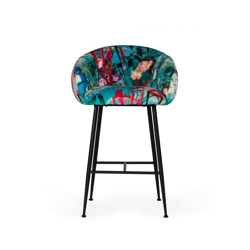 Pemberly Row Velvet and Cast Iron Bar Stool in Multi-Color