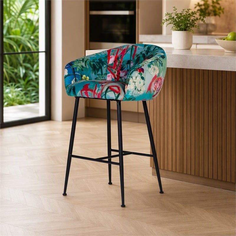 Pemberly Row Velvet and Cast Iron Bar Stool in Multi-Color