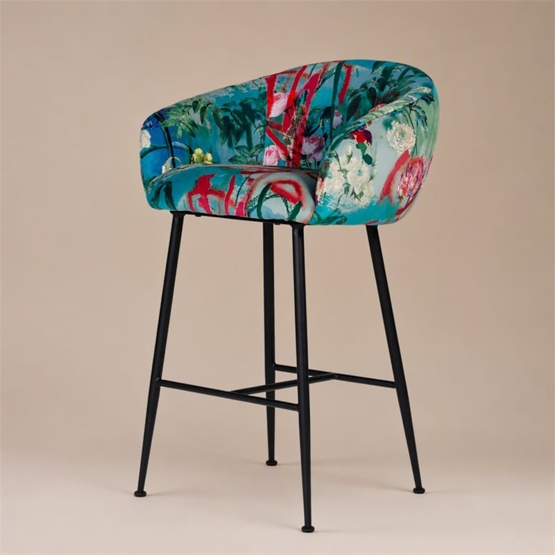 Pemberly Row Velvet and Cast Iron Bar Stool in Multi-Color