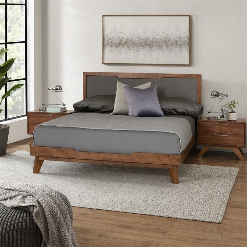 Pemberly Row Modern Fabric & Wood Queen Bed in Gray Walnut Finish
