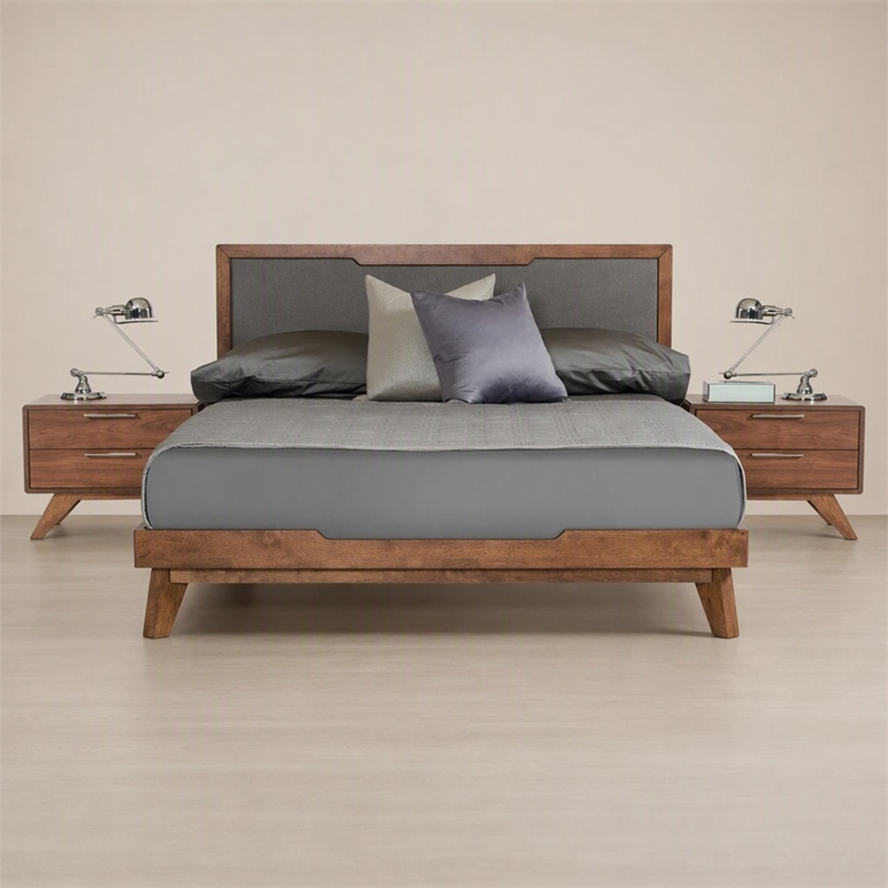 Pemberly Row Modern Fabric & Wood Queen Bed in Gray Walnut Finish