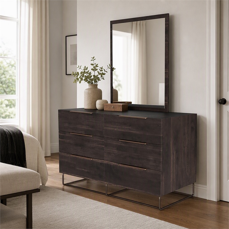 Pemberly Row Rectangular Oak Veneer & Glass Mirror in Walnut Finish