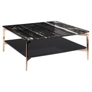 Pemberly Row 29&quot Square Marble Coffee Table in Black/Rose Gold