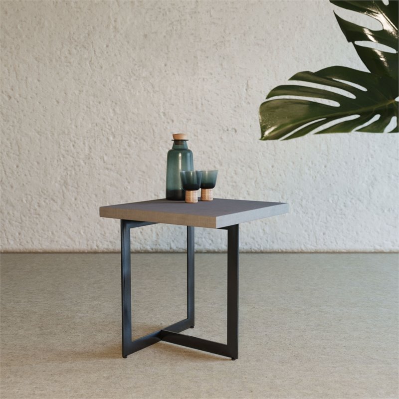 Pemberly Row Square Concrete End Table with Metal Base in Gray/Black