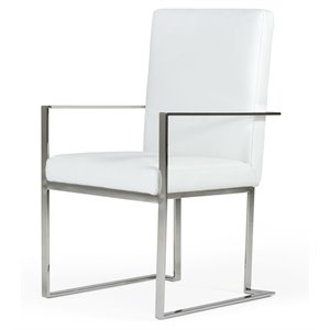 Pemberly Row Dining Arm Chair with Leather and Stainless Steel in White